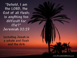 "Behold, I am the LORD, the God of all flesh; is anything too difficult for Me?" - Jeremiah 32:27 - Including Jonah in a whale and Noah and the Ark - red sunset with palm trees
